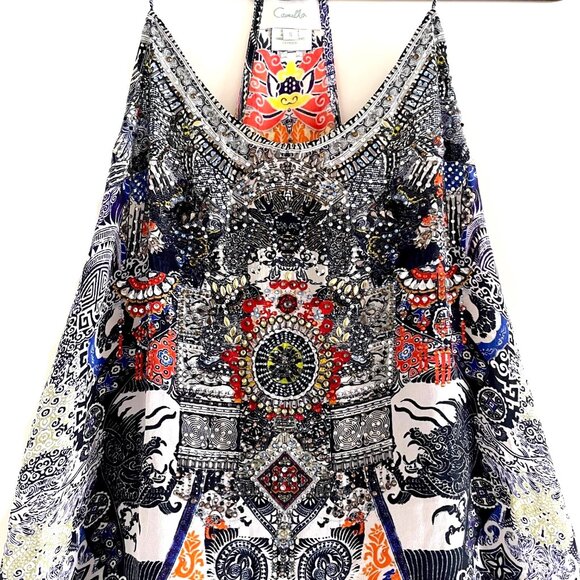 Camilla Shoestring Strap Embellished Silk Tank Top Size S - Picture 5 of 11